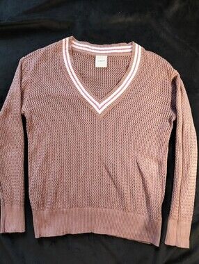 EUC Varley Mauve Knit V-Neck Sweater Pink & White Stripe Trim 100% Cotton Medium